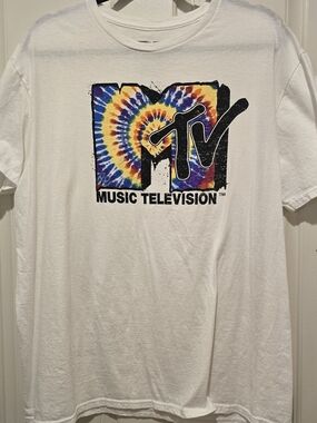 MTV Music Television Tie Dye Logo Graphic T Shirt White Mens XL Retro Style